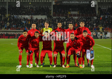 16. Februar 2017: Astra Giurgiu Team: Takayuki Seto #8, Constantin Budescu #10, Filipe Teixeira #80, Alexandru Ionita #31, Alexandru Stan #77, Junior Morais #13, Cristian Sapunaru #22, Silviu Lung #1, Geraldo Alves #2, Daniel Niculae #21, Fabricio #4 während der UEFA Europa League 2016-2017, Gruppe E Spiel zwischen FC Astra Giurgiu (ROU) und Genk (BEL) Marin Anastasovici Stadium, Giurgiu, Rumänien ROU. Foto: Cronos/Cristian Stawri Stockfoto