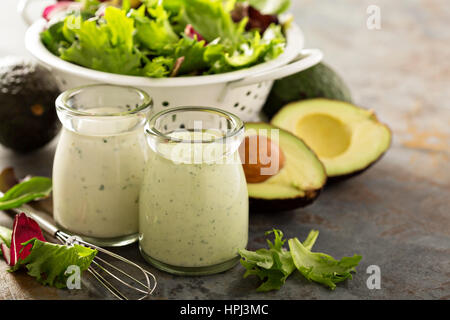 Im kleinen Glas mit Salat Avocado Ranchbehandlung verlässt in einem collander Stockfoto