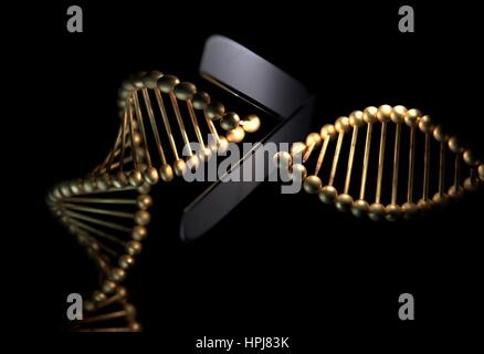 DNA-Strang in Metall-Farbe Schneiden mit einer Schere 3d render Stockfoto