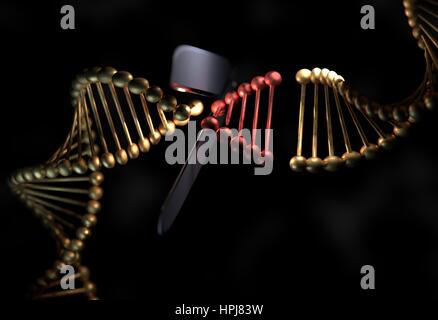 DNA-Strang in Metall-Farbe Schneiden mit einer Schere 3d render Stockfoto