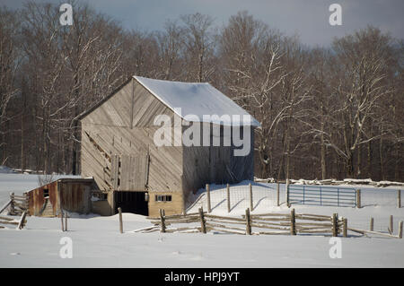 Verschneite alte Scheune an einem sonnigen Tag. Barnboards diagonal laufen und sind grau, alte und verwitterte. Zeigt einige Zaun, Bretter und Barnyard und Schnee. Stockfoto