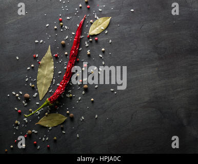 Rote Paprika, scharfe Gewürze und Lorbeerblatt auf dem schwarzen Baum. Ansicht von oben. Platz für Text. Stockfoto