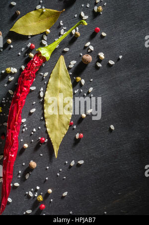 Rote Paprika, scharfe Gewürze und Lorbeerblatt auf dem schwarzen Baum. Ansicht von oben. Platz für Text. Stockfoto