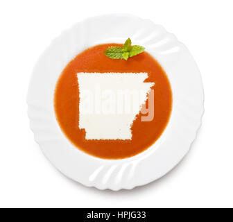 Ein Teller Tomatensuppe mit Sahne in der Form von Arkansas. (Serie) Stockfoto