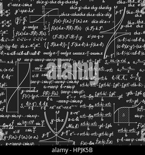 Mathematik Vektor nahtlose Muster mit verschiedenen Zeichen, Zahlen und Formeln. Zurück zu Schule nahtlose wissenschaftlicher Hintergrund Stock Vektor