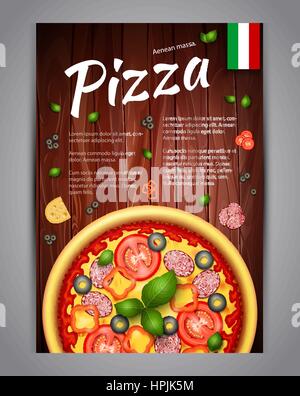 Realistische Pizza Pizzeria Flyer Vektor Hintergrund. Vertikale italienische Pizza Plakat mit Zutaten und Text auf hölzernen Hintergrund Stock Vektor