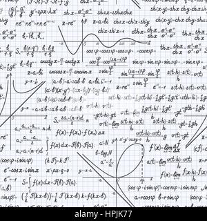 Mathematischen Vektor Musterdesign Hintergrund mit Formeln, Gleichungen und Figuren, handschriftlich in einem Notizbuch Stock Vektor