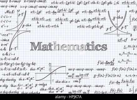 Mathematische Vektor-Muster-Hintergrund mit Formeln, Gleichungen und Figuren, handschriftlich in einem notebook Stock Vektor