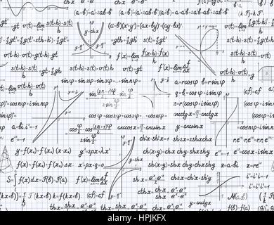 Mathematischen Vektor Musterdesign Hintergrund mit Formeln, Gleichungen und Figuren, handschriftlich in einem quadratischen Blatt notebook Stock Vektor