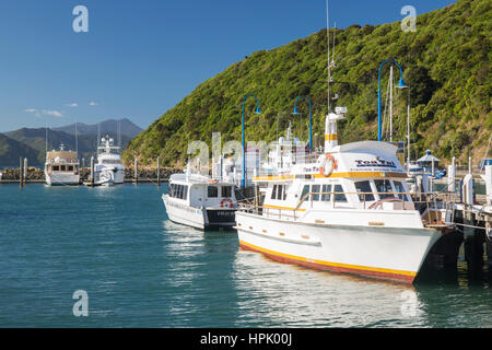 Picton, Marlborough, Neuseeland. Boote vertäut neben Holzsteg, Picton Hafen. Stockfoto