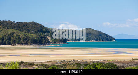 Marahau, Tasman, Neuseeland. Blick bei Ebbe über Sandy Bay an der Küste des Abel Tasman National Park. Stockfoto