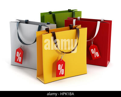 Multi farbige Tragetaschen mit Verkauf Tags. 3D Illustration. Stockfoto