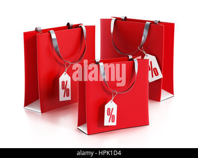 Rote Einkaufstaschen mit Verkauf Tags. 3D Illustration. Stockfoto