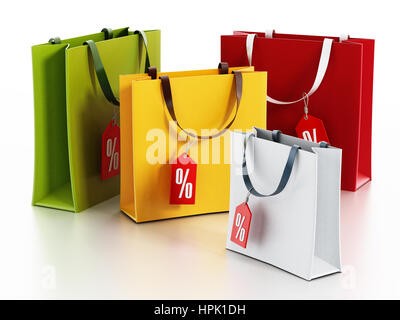 Multi farbige Tragetaschen mit Verkauf Tags. 3D Illustration. Stockfoto