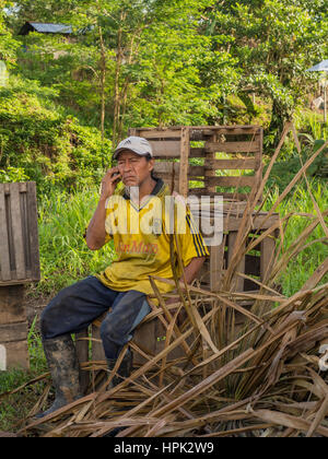 Dschungel, Brasilien - 8. Mai 2016: Porträt eines Mannes mit einer roten Haut im Amazonas-Dschungel Stockfoto