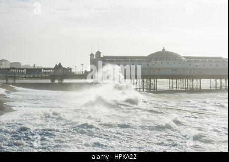 Brighton, East Sussex. 23. Februar 2017. Großbritannien Wetter. Sturm Doris bringt starke Winde und riesige Wellen in Brighton Seafront, als Zuschauer Uhr auf. UK-Wetterwarnungen wurden landesweit mit Böen von bis zu 70 km/h auf die Küstengebiete erwartet ausgegeben. Bildnachweis: Francesca Moore/Alamy Live-Nachrichten Stockfoto