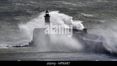 Newhaven Sussex, UK. 23. Februar 2017. Riesige Wellen Absturz über Newhaven Leuchtturm am Eingang des Hafens als Sturm Doris die Südküste heute trifft. Einige Teile von Großbritannien dürften zu Windgeschwindigkeiten von bis zu 70 km/h Credit: Simon Dack/Alamy Live News Stockfoto