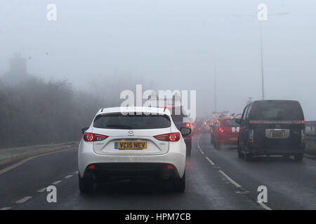 Nebel und Eis beeinträchtigt Verkehr in Canvey Insel, Essex und entlang der A13 in London. Auch Menschen gehen über ihren Tag in dichtem Nebel im Victoria Park, Hackney mit: Atmosphäre, Wetter Fotos wo: London, Vereinigtes Königreich bei: Kredit-23. Januar 2017: WEN Stockfoto