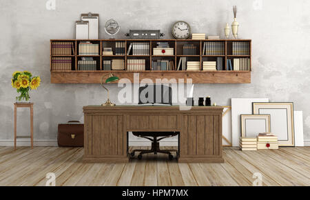 Vintage home Arbeitsbereich mit Schreibtisch aus Holz und Bücherregal auf Wand - 3d rendering Stockfoto