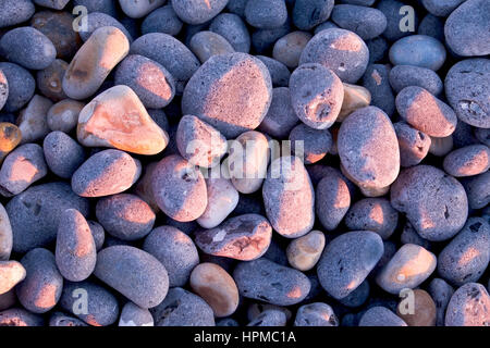 etwa 50 graue Kieselsteine am Strand bei Sonnenuntergang, rosa Leuchten aus den Sonnenuntergang auf einige der Pebbels, weiche Schatten, Form und Form, Draufsicht Punkt. Stockfoto