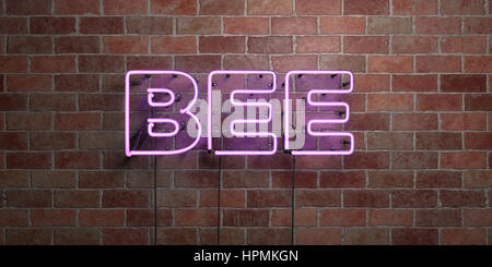 BEE - fluoreszierende Neon tube Zeichen auf Mauerwerk - Vorderansicht - 3D gerenderten Lizenzgebühren frei Lager Bild. Einsetzbar für Online-Bannerwerbung und Direct mail Stockfoto