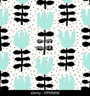 Nahtlose wiederholendes Muster mit geometrischen florale Elemente in schwarz und Mint auf Punkte Hintergrund. Stock Vektor