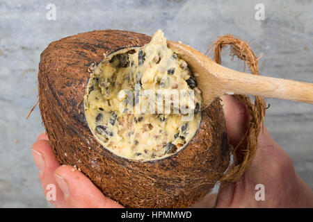 Selbstgemachtes Vogelfutter, Selbstgemachte Fettfuttermischung, Wird in auch, Kokosnuß Gefüllt Zutaten Kokosfett, Hanfsamen, Maismehl, Erdnussbr Stockfoto