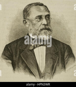 Rudolf Virchow (1821-1902). Deutscher Arzt, Anthropologe, Pathologe, Prähistoriker, Biologe, Schriftsteller, Redakteur und Politiker. Porträt. Kupferstich von R. Henkel in "Historia Universal", 1886. Stockfoto