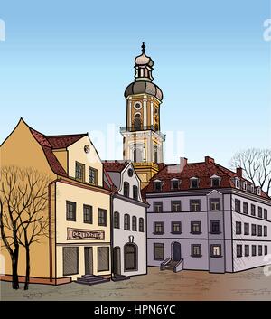 Europäische gemütliche Straße. downtown Landschaft. Vector Illustration. Fußgängerzone in der alten europäischen Stadt mit Kirche im Hintergrund. Historische Stadt Stock Vektor