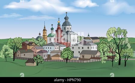 Alte russische Stadt Landschaft mit Kirche, handgezeichnete Skizze Vector Illustration. suzdal Stadt. Ansicht von suzdal Stadtbild. den goldenen Ring von Russland. Stock Vektor