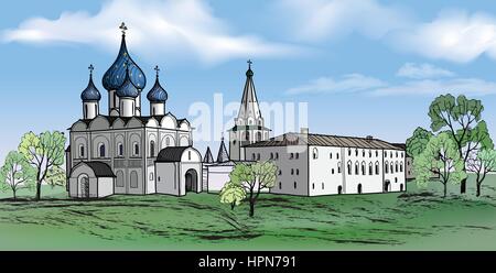 Alte russische Stadt Landschaft mit Kirche. Hand gezeichnete Skizze Vector Illustration der Susdaler Kreml. Blick von suzdal Stadtbild. Stock Vektor