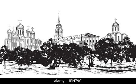 Alte russische Stadt Landschaft Hand gezeichnet Vector Illustration. Blick auf Wladimir Stadtbild. antike Stadt. den goldenen Ring von Russland. Stock Vektor