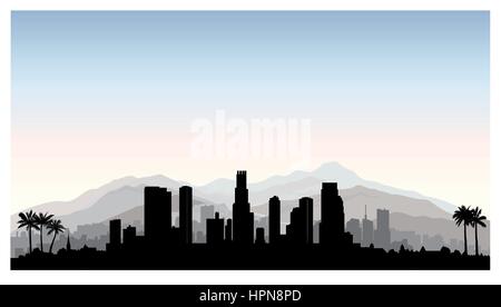 Los Angeles, USA Skyline. Stadt Silhouette mit Wolkenkratzer, Gebäude, Berge und Palmen. Stadtbild mit berühmten amerikanischen Wahrzeichen. urban Arachiten Stock Vektor