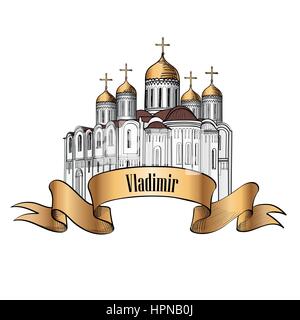 Uspenski-Kathedrale in Vladimir. Alte russische Stadt Symbol. Reise Russland-Icon. Kathedrale von Hand gezeichnete Skizze. Stock Vektor