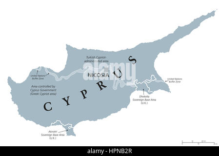 Zypern politische Karte mit Hauptstadt Nikosia. Republik und Insel Land im östlichen Mittelmeerraum. Zypern und der Türkei verwaltet Bereich. Stockfoto