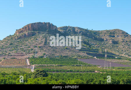 Landwirtschaft am Fuße der Hügel und kleine Berge Gemeinde wachsende Felder.  Landwirtschaft im ländlichen Spanien. Stockfoto