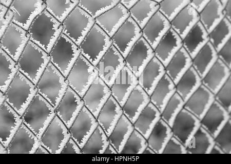 Maschendrahtzaun Mit Eis bedeckt Stockfoto