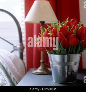 Einen Eimer mit Tulpen auf einem Nachttisch. Stockfoto