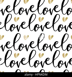 Moderne Kalligraphie Stil nahtlose wiederholendes Muster mit das Wort Liebe in schwarzen und weißen und goldenen Herzen. Valentinstag Grußkarten-Vorlage. Stock Vektor