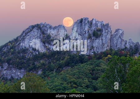 Verbund aus die Supermoon über die felsigen Gipfel der Seneca Rocks in West Virginia Stockfoto