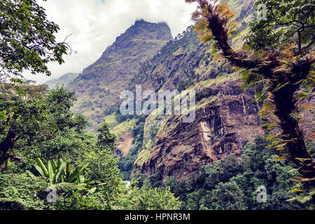 Schöne Himalaya inspirierende Landschaft. Suche und Berge und das Tal mit Wald und grüne Bäume. Annapurna Himal Range auf Annapurna Circuit Stockfoto