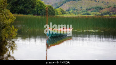 County Cork, Irland. Eire. Ruderboot vor Anker am Lough Allua.  Dieser See ist Teil des Flusses Lee. Stockfoto