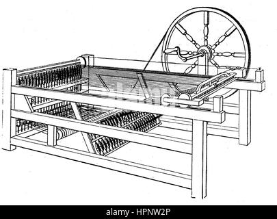 JAMES HARGREAVES (1720-1778) Englisch Erfinder am besten bekannt für seine Spinnmaschine. Diagramm der verbesserten Version in Textilfabriken aus dem Jahr 1835 verwendet wurde Stockfoto