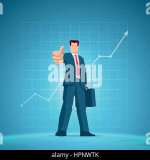 Business Konzept Abbildung. Die hand Geschäftsleute zeigen alles in Ordnung, "OK" Zeichen Geste. Steigenden Chart auf dem blauen Hintergrund. Elemente sind separate geschichtet. Stock Vektor