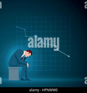 Business Konzept Abbildung. Traurig Geschäftsmann sitzt. Fallende Diagramm auf dem blauen Hintergrund. Elemente werden separat in Vektordatei geschichtet. Stock Vektor