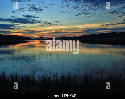 Sonnenaufgang über dem Bass Teich auf schöne Kiawah Island, South Carolina. Bass-Teich ist von Marsh und Live Eichen umgeben. Stockfoto