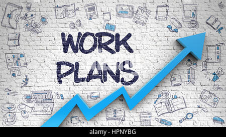 Arbeitspläne auf weißen Brickwall gezeichnet. Stockfoto