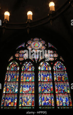 Grande Verrière du XIV ème siècle représentant la vie de la Vierge Marie et de l'Enfance du Christ. Cathédrale Notre-Dame de Strasbourg. Straßburg. Stockfoto