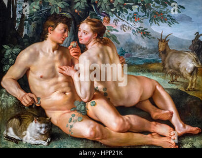 Adam und Eva. Der Sündenfall von Hendrik Goltzius (1558-1617), Öl auf Holz, 1616. Stockfoto