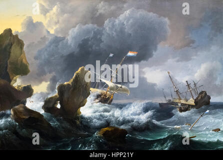 Ludolf Backhuysen (Ludolf Bakhuizen: 1631-1708) 'Schiffen in Seenot vor einer felsigen Küste', Öl auf Leinwand, 1667 Stockfoto